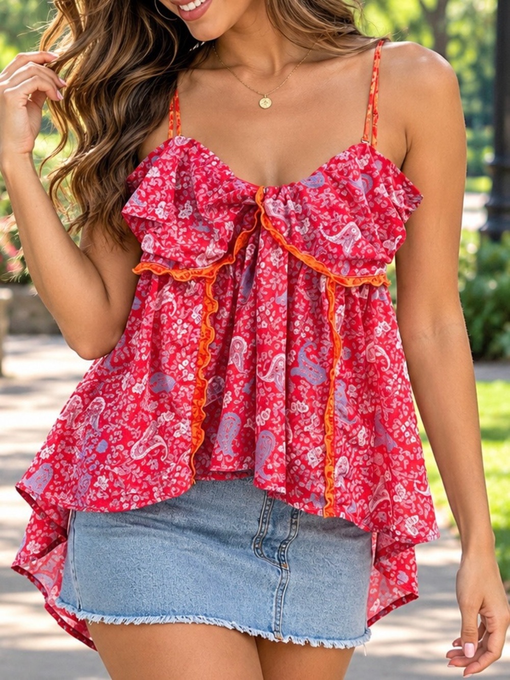 Free People Red Paisley Ruffle Cami with Orange Trim